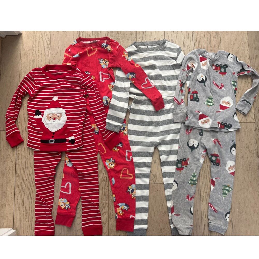 Unisex Toddler 3T Pajama Bundle 4 Sets Christmas Bluey Striped + Slippers